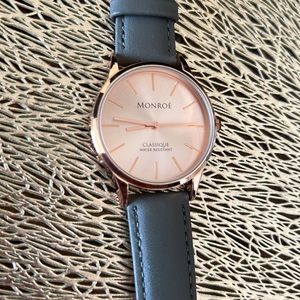 NEW Monroe by Maéstro rose gold water resistant watch with grey leather band